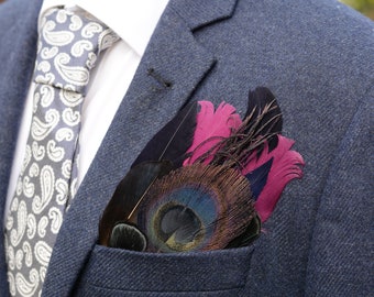 Deep Black, Navy and Purple Feather Pocket Square No.164