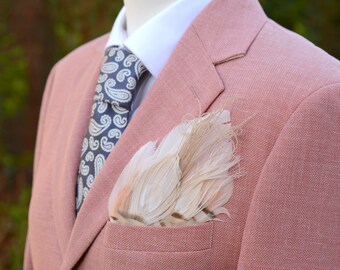 Ivory and Blush Pink Peacock Feather Pocket Square No.141