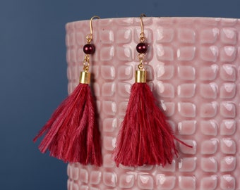 Crimson Red Ostrich Feather Tassel Earrings Ostrich Feather Tassel Earrings