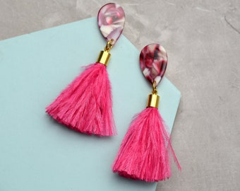 Hot Magenta Pink Acetate and Ostrich Feather Tassel Earrings