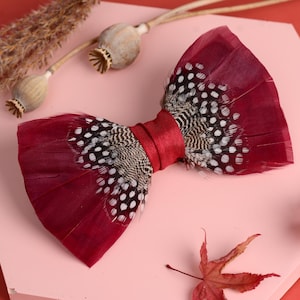 Feather Bow Tie - The Windsor in Light Burgundy and Polka Dot | Grooms Outfit | Feather Neck Tie | Mens Gift | Black Tie | Wedding
