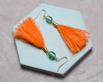 Oange and Turquoise Ostrich Feather Tassel Earrings