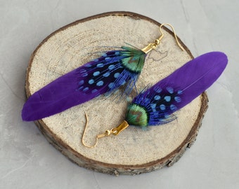 Purple, Turquoise and Gold Feather Earrings