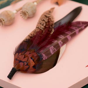 Pheasant Feather Hat Pin in Plum and Burgundy No.311 | Pheasant Feather Boutonniere / Brooch