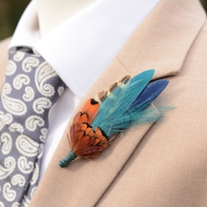 Pheasant Feather Buttonhole in Copper,  Navy Blue and Teal |  Feather Boutonniere | Duck Feather Brooch / Hat Pin | Wedding Suit Accessory