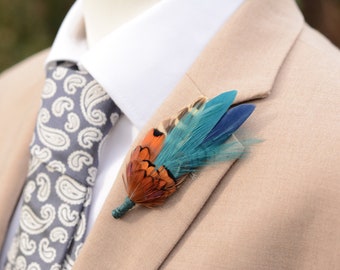 Navy Blue and Teal Pheasant Feather Lapel Pin