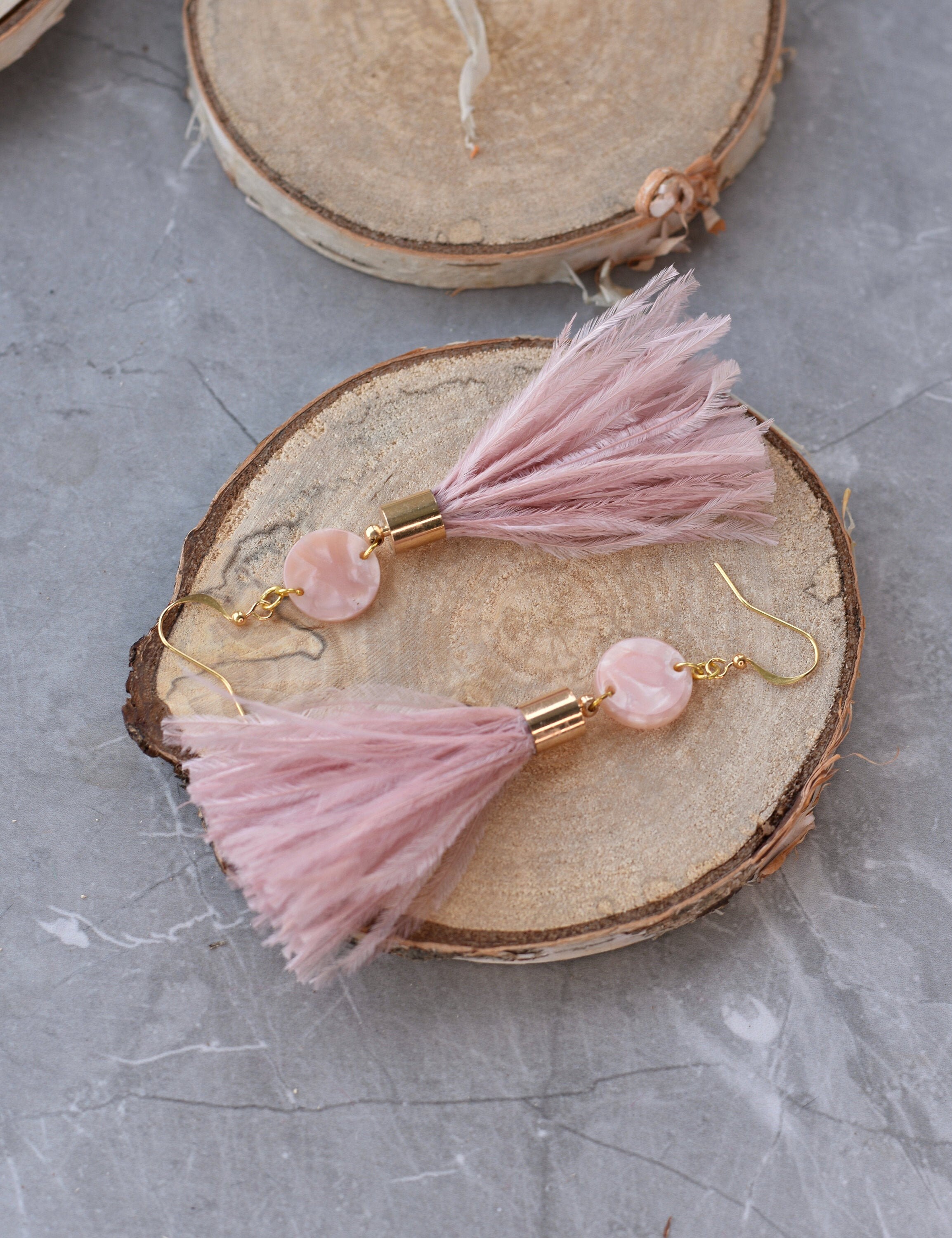 Blush Pink Ostrich Feather Tassel Earrings with Acetate Disc