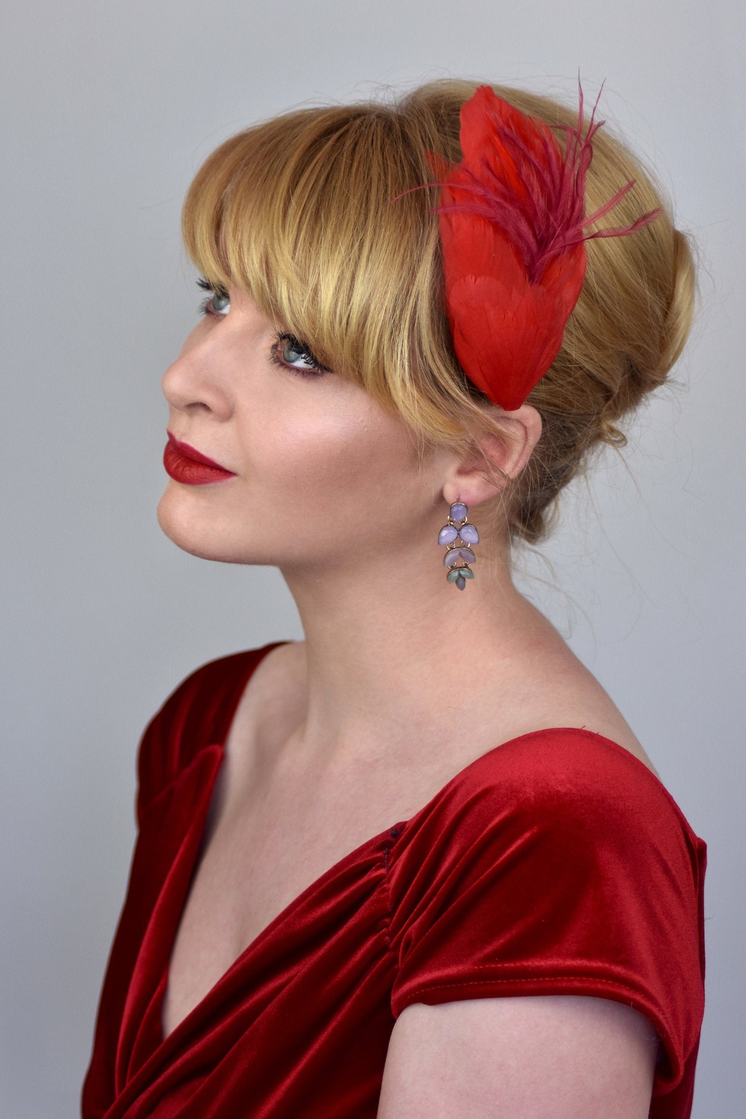 Red Feather Hair Clip Red Feather Fascinator Red Feather Headpiece Red