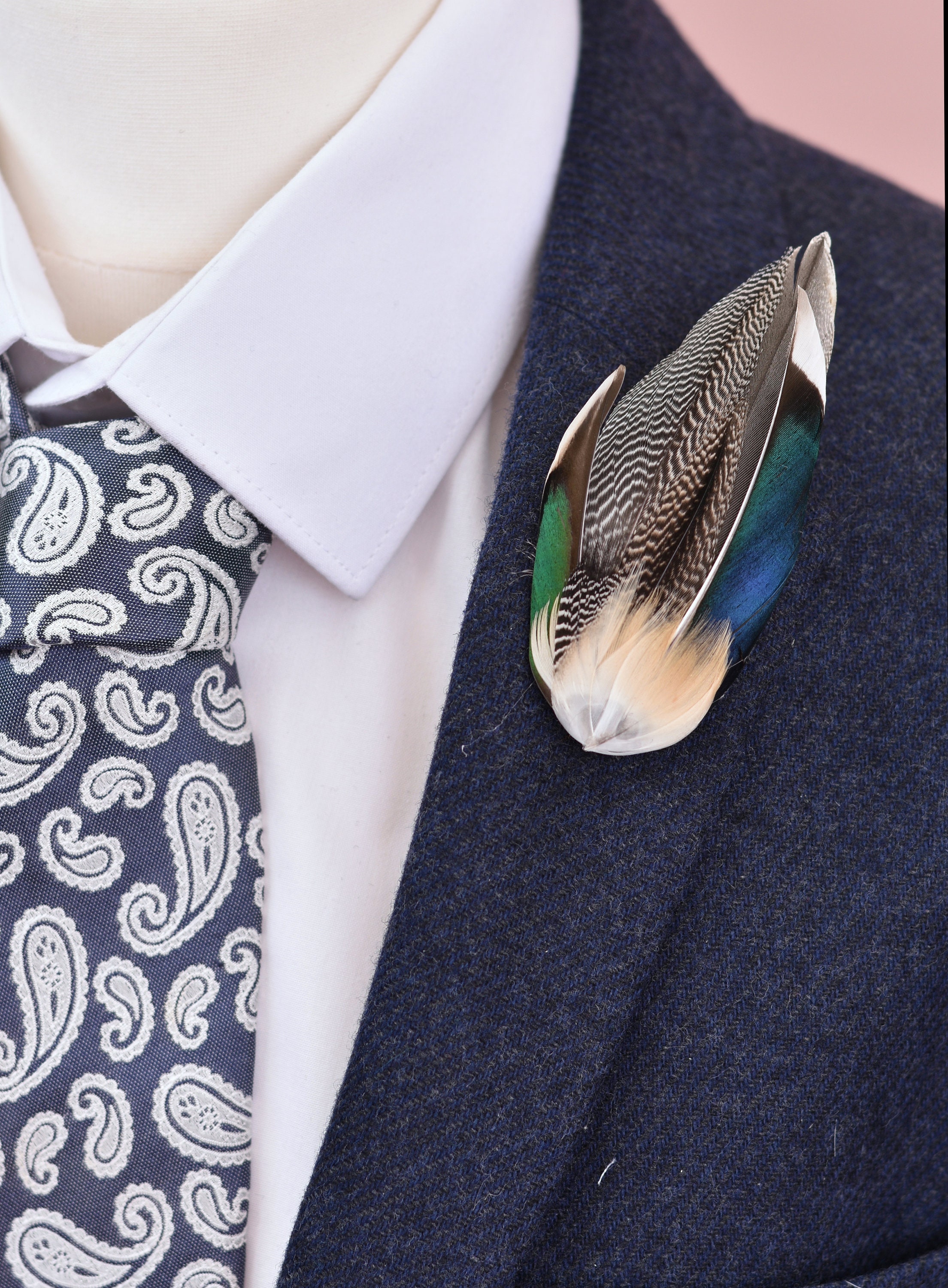 Mallard Feather Lapel Pin in Navy Blue and Bottle Green
