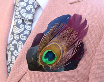 Burgundy, Navy and Peacock Feather Pocket Square No.180