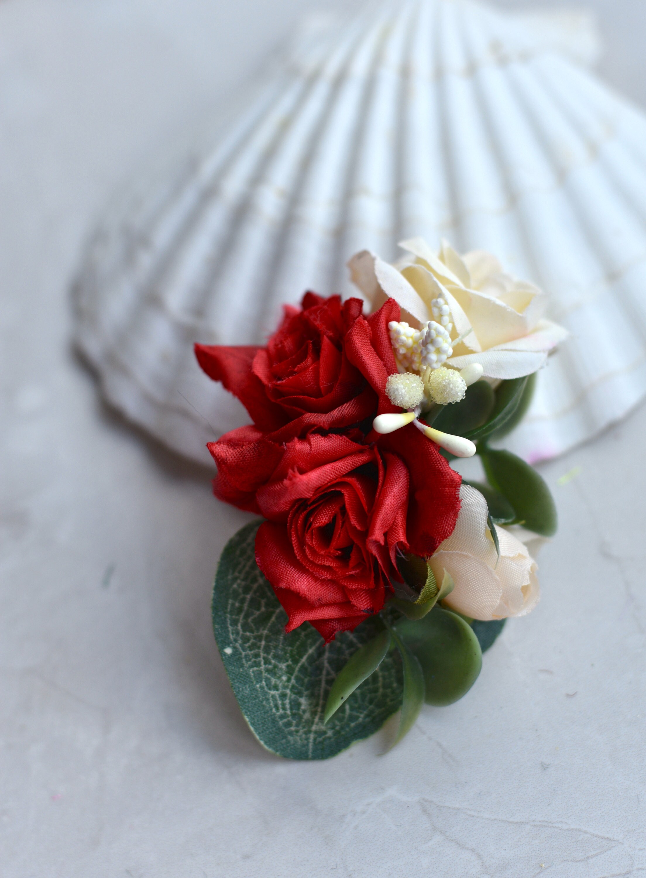 Silk Flower Hair Clip in Red and Ivory Roses
