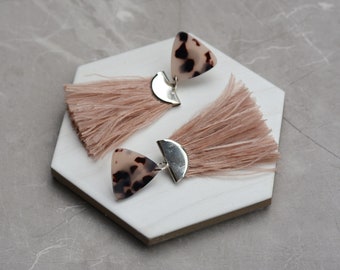 Nude Pink and Tortoiseshell Ostrich Feather Tassel Earrings