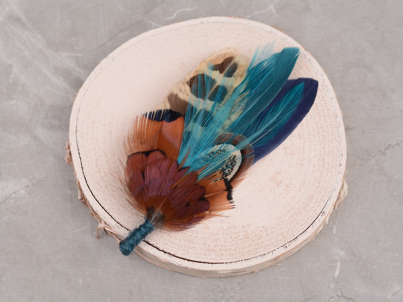 Navy Blue and Teal Pheasant Feather Lapel Pin Feather Boutonniere Duck Feather Brooch image 4