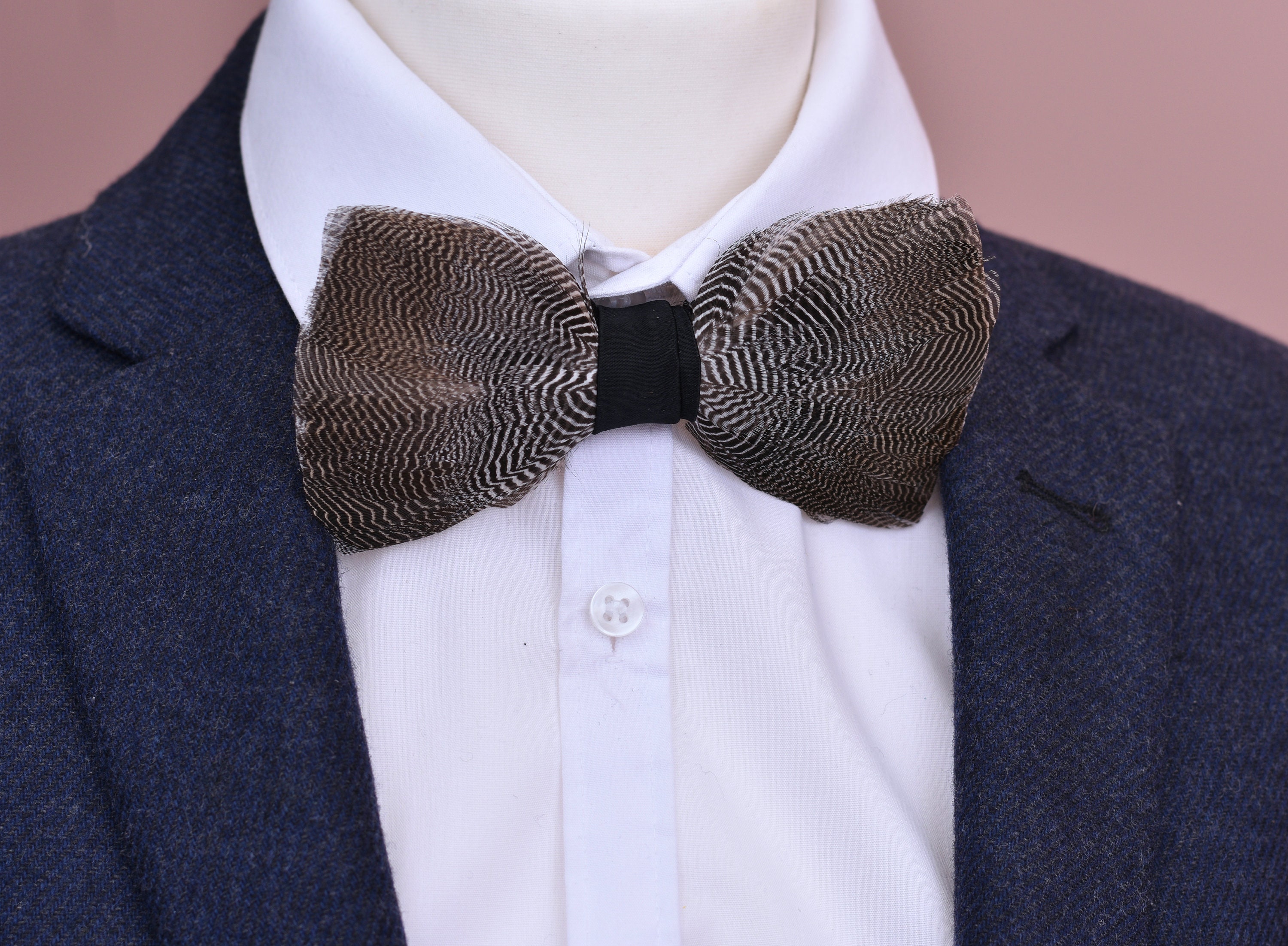 Dark Grey Pin Stripe Feather Bow Tie