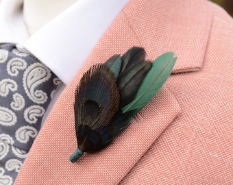 Black Peacock and Bottle Green Feather Lapel Pin Small No.238