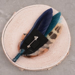 Navy Blue and Teal Pheasant Feather Lapel Pin Feather Boutonniere Duck Feather Brooch image 6