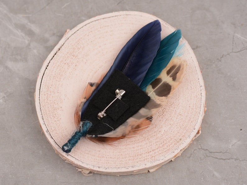 Navy Blue and Teal Pheasant Feather Lapel Pin Feather Boutonniere Duck Feather Brooch image 6