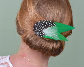 Emerald and Polka Dot Feather Hair Clip