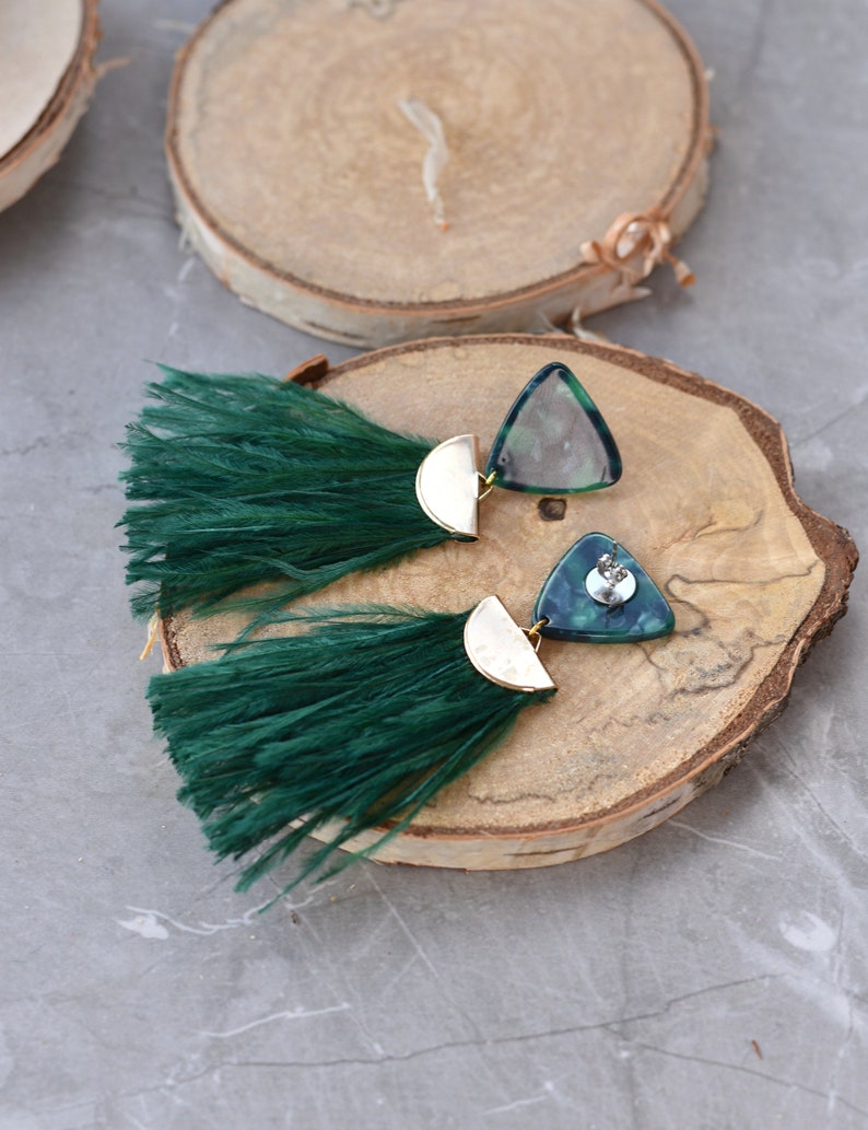 Festival Earrings Green Acetate and Ostrich Feather Tassel Earrings Long Earrings Bohemian Festival Jewellery Feather Jewellery