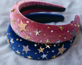 Celestial Padded Velvet Sequin Headband With Gold and Silver Stars