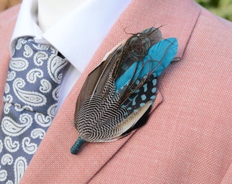 Teal and Turquoise Duck Feather Lapel Pin No.295