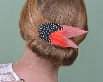 Vintage Coral Pink Feather Hair Clip with Polka Dots