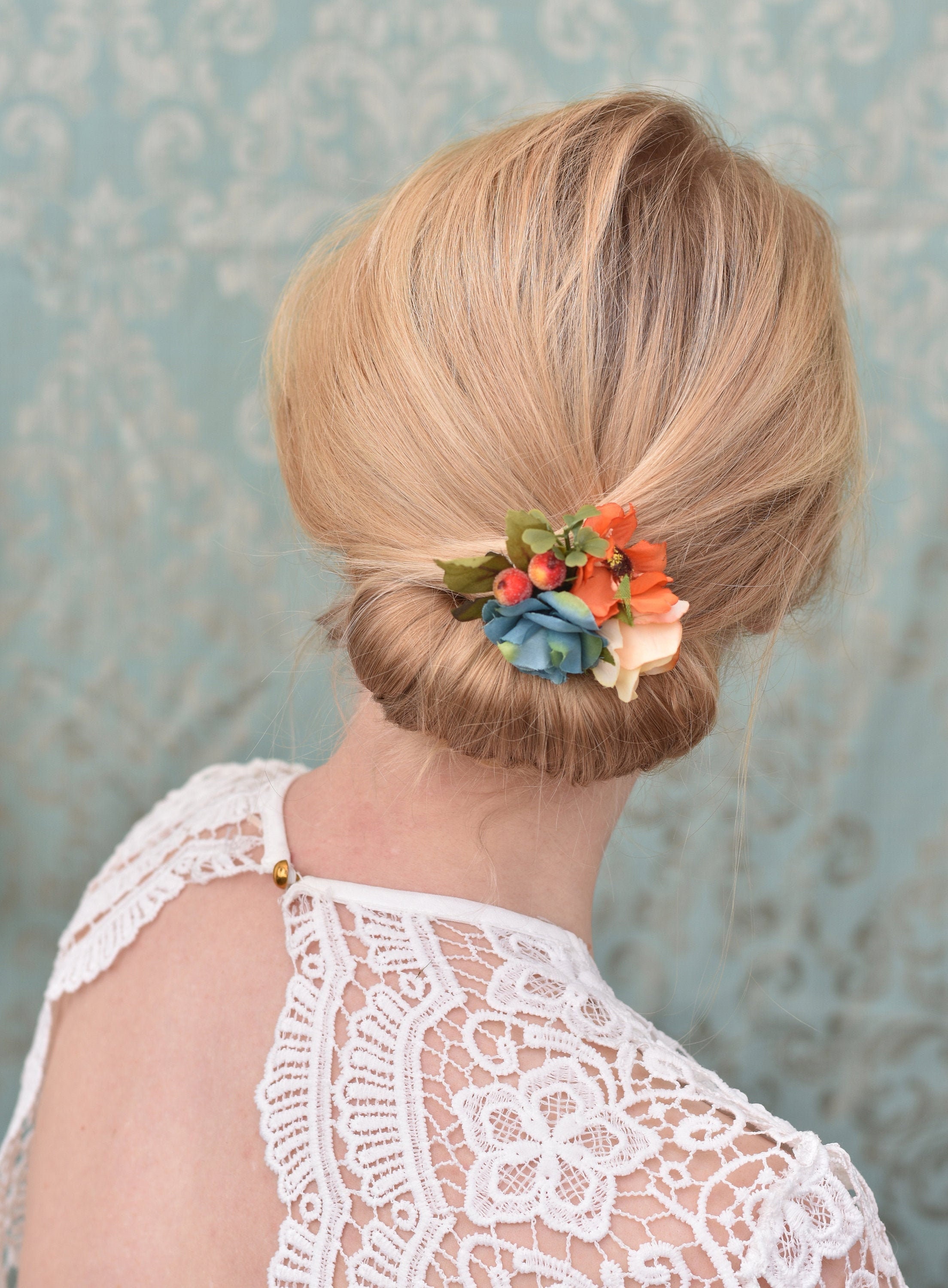 Rose Hair Clip in Blue and Orange Silk Flower Hair Clip Etsy UK