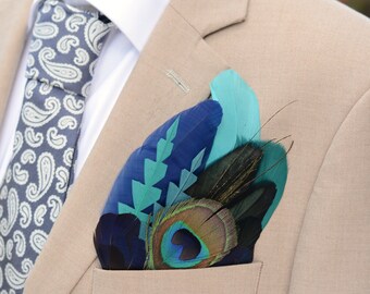 Teal and Navy Peacock Feather Pocket Square No.248