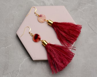 Jupiter - Crimson Red Ostrich Feather Tassel Earrings with Acetate Disc