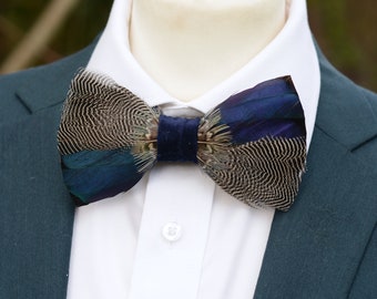 Mallard Duck Feather Bow Tie in Navy Stripe Twist | Striped Bow Tie | Feather Neck Tie | Grooms Outfit | Groomsmen Gift | Wedding Tie