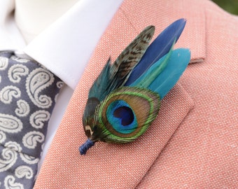 Peacock and Pheasant Navy and Green Feather Lapel Pin Small No.242