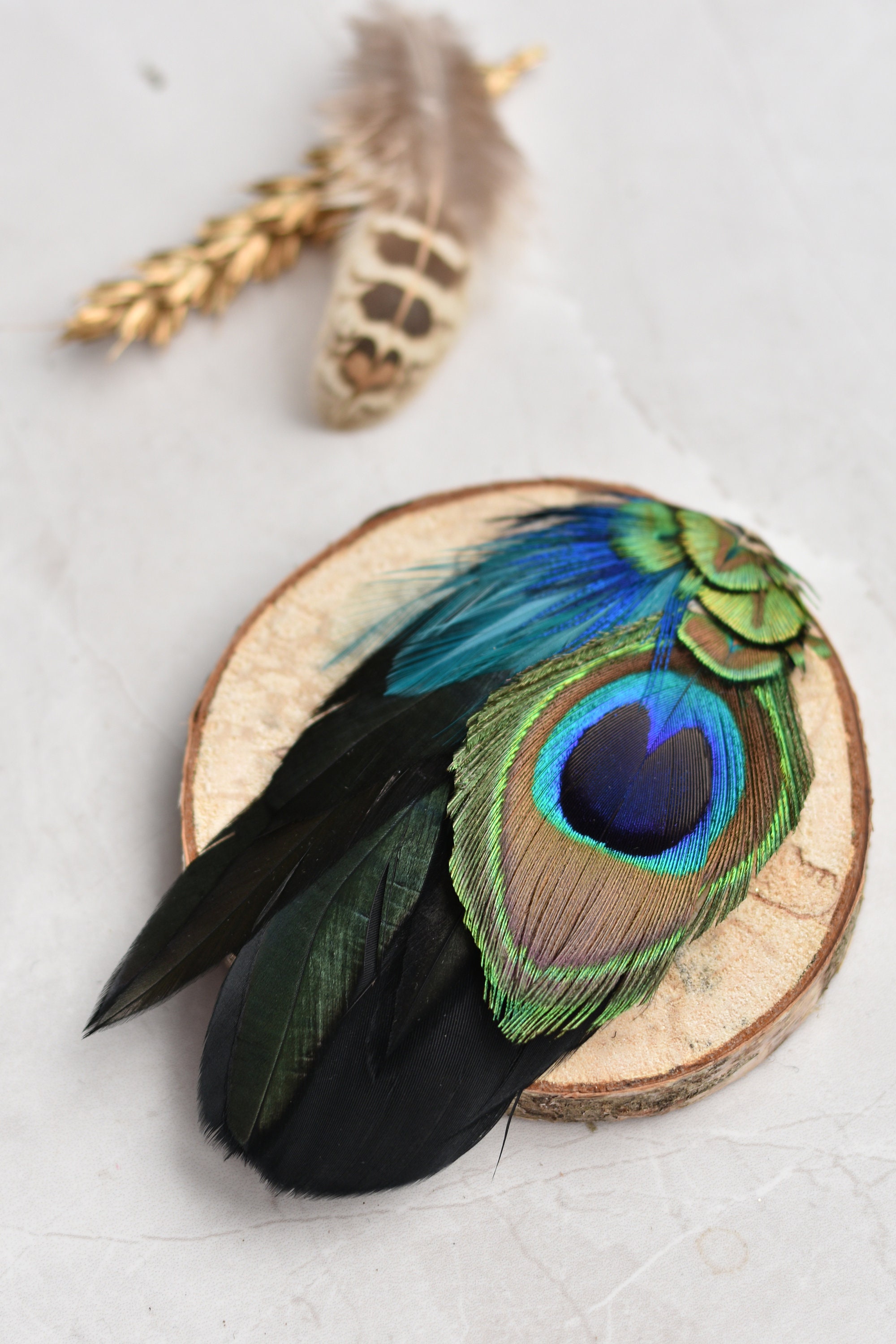 Peacock Feather Lapel Pin in Blue, Teal and Green