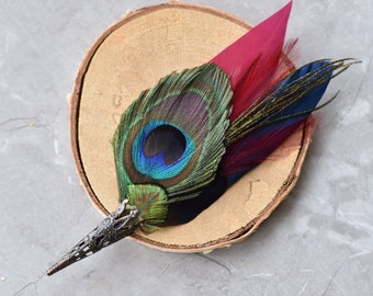 Long Fancy Feather Hat Pin - Peacock Teal Black