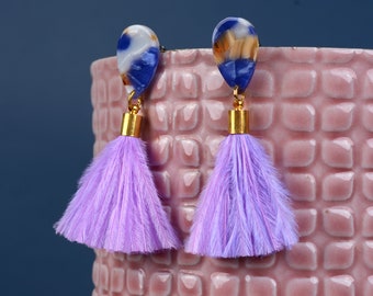 Statement Acetate Teardrop and Ostrich Feather Lilac Tassel Earrings