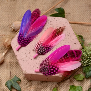 Bright Pink Feather Brooch Hat Pin - Wedding Boutonniere - Grooms Buttonhole image 1