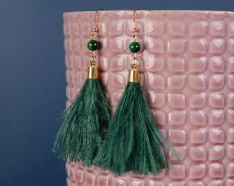 Green Agate and  Ostrich Feather Tassel Earrings