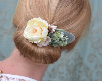 Ivory Peony Flower Hair Clip with Eucalyptus