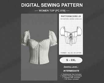 Women's Top cute summer puff sleeve ruffle shirt blouse crop top Sewing Pattern | Digital PDF Instant Download | Patterncore