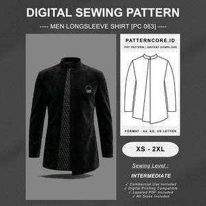 May include: A digital sewing pattern for a long-sleeve shirt, labelled PC 063. The design features a black shirt with a mandarin collar, a quilted front panel, and a small graphic on the chest. Includes a technical line drawing and size range XS-2XL.