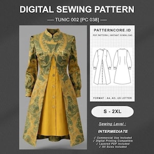 Puede incluir: Un patrón de costura digital para una túnica, etiquetado TUNIC 002 PC 038. La imagen muestra una túnica de manga larga con un estampado de cachemira verde y dorado sobre una falda de color amarillo mostaza, con botones frontales y cuello alto.