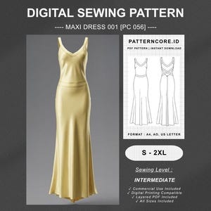 May include: A digital sewing pattern for a floor-length maxi dress, labeled PC 056. The image displays a yellow sleeveless dress with a V-neckline and a technical line drawing of the front and back views on a grid, including sizes S to 2XL.