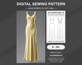 Sewing Pattern maxi dress gown formal cocktail dress longs summer sateen | Digital PDF Instant Download | Patterncore