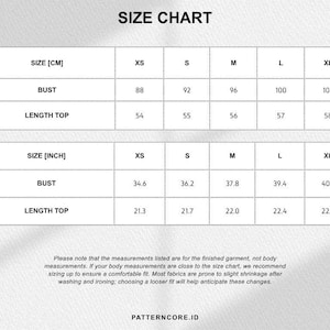 May include: A size chart table displaying bust and length measurements in centimeters and inches for sizes XS through XL. The text includes a note about finished garment measurements and shrinkage, with the brand name PATTERNCORE.ID at the bottom.