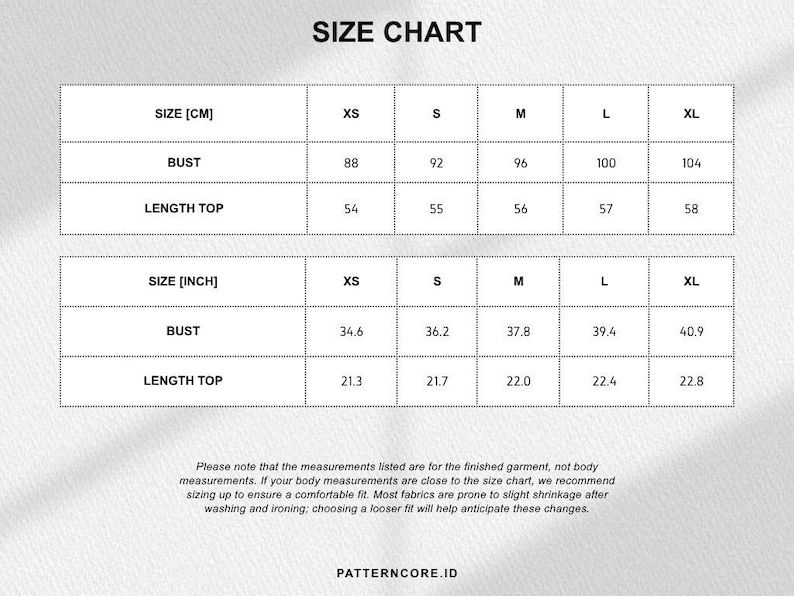 May include: A size chart table displaying bust and length measurements in centimeters and inches for sizes XS through XL. The text includes a note about finished garment measurements and shrinkage, with the brand name PATTERNCORE.ID at the bottom.