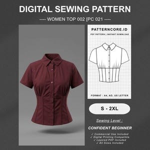 Damtoppskjorta, blus, figurnära skjorta, söt sommarsömnadsmönster | Digital PDF direktnedladdning | Patterncore