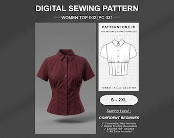Women's Top shirt blouse fitted shirt cute summer Sewing Pattern | Digital PDF Instant Download | Patterncore