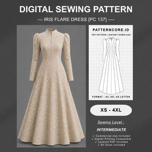 May include: A digital sewing pattern for an Iris Flare Dress, PC 137, featuring a beige long-sleeved dress with a high collar and flared skirt. The image includes a technical line drawing, size range XS-4XL, and intermediate sewing level text.