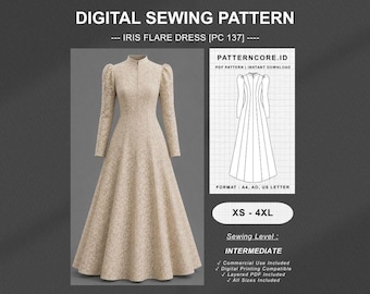 Sewing Pattern | irish flare dress long gown abaya  | Digital PDF Instant Download | Patterncore