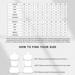 May include: A size chart titled SIZE CHART BASIC BODY & SLEEVE with two tables showing measurements in centimetres and inches for sizes XXS to 5XL. Below, a HOW TO FIND YOUR SIZE section features two line-art mannequins with labels for bust, waist, and hips.