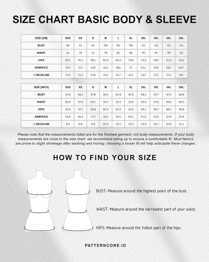 May include: A size chart titled SIZE CHART BASIC BODY & SLEEVE with two tables showing measurements in centimetres and inches for sizes XXS to 5XL. Below, a HOW TO FIND YOUR SIZE section features two line-art mannequins with labels for bust, waist, and hips.